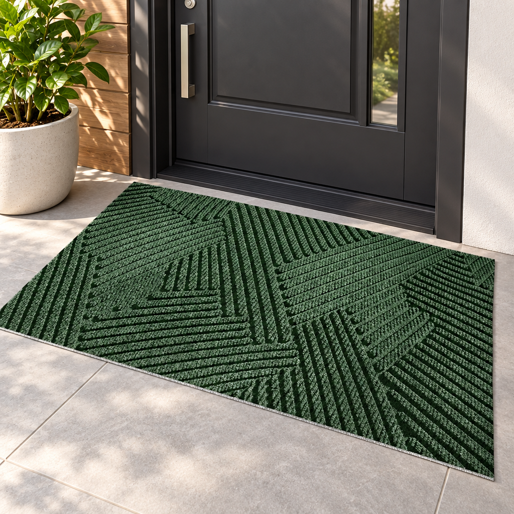 Durable non-slip door mat in front of a modern home entrance door with a potted plant