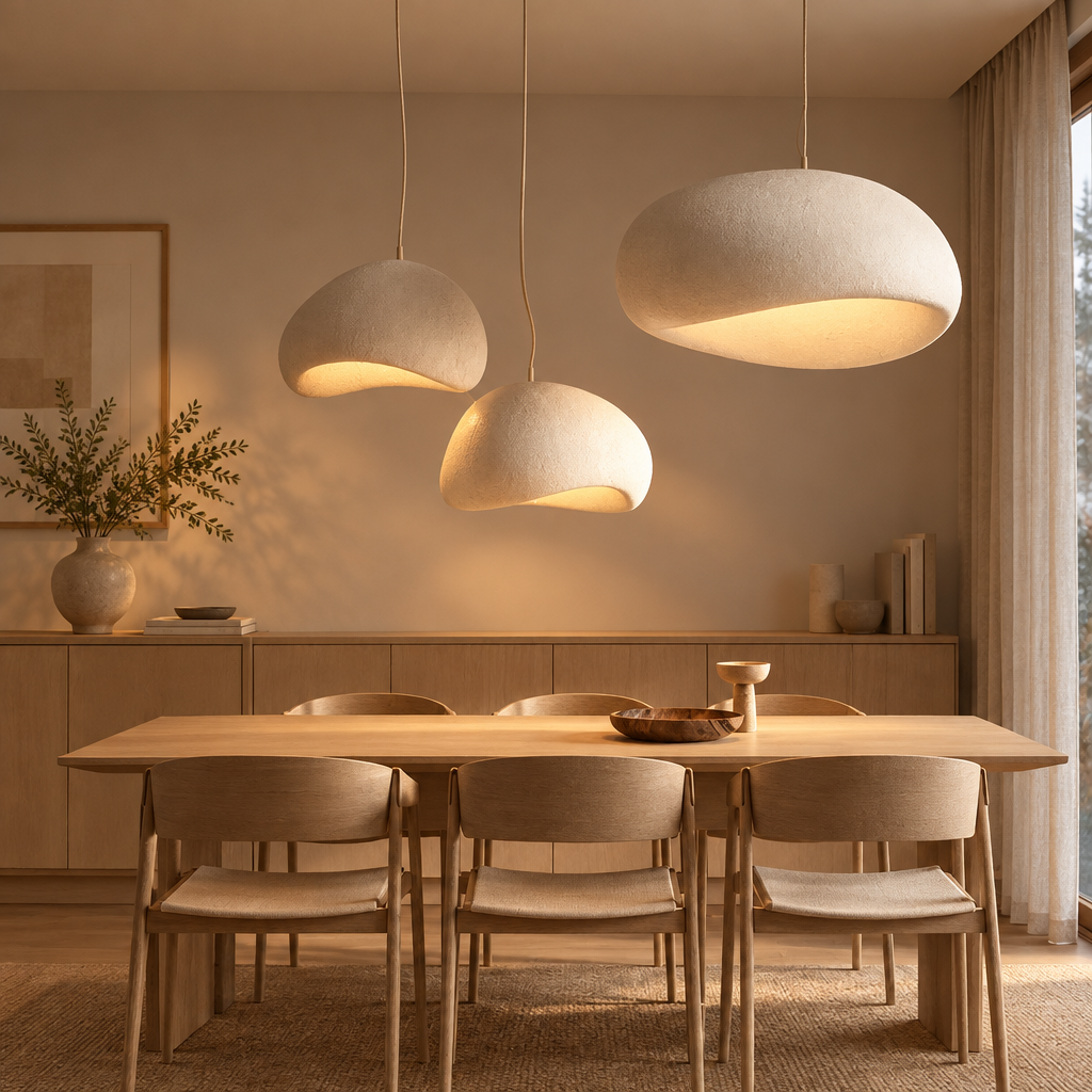 Zenith Glow LED chandelier switched on above a dining table in a Nordic dining room