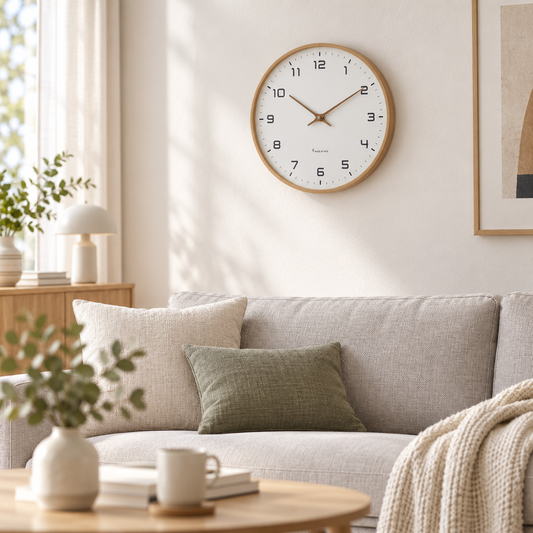 Nordic Wall Clock with wood frame and white dial hanging on the wall above a sofa in a Scandinavian living room