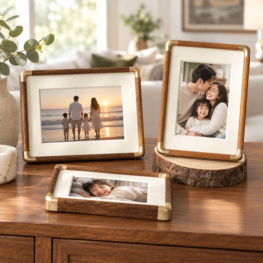 Brooks Tabletop Photo Frame in wood and brass displaying a family photo on a console table