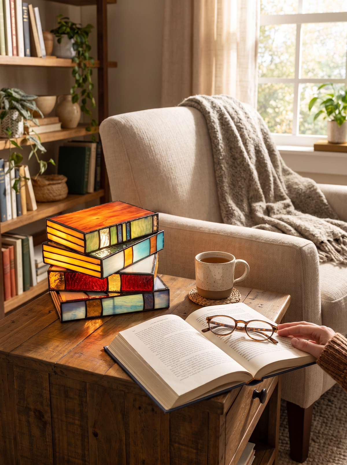 GlassNovel Stained Glass Book Lamp beside a reading chair