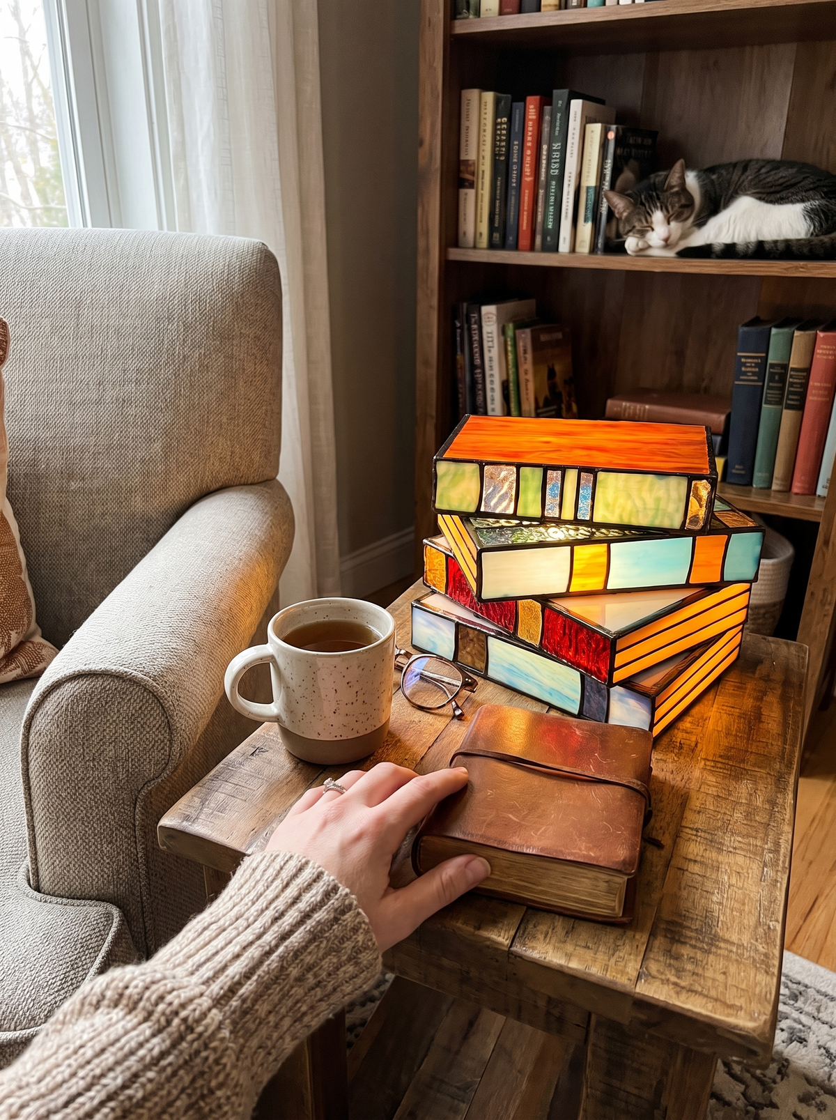 GlassNovel Stained Glass Book Lamp displayed as a gift for book lovers
