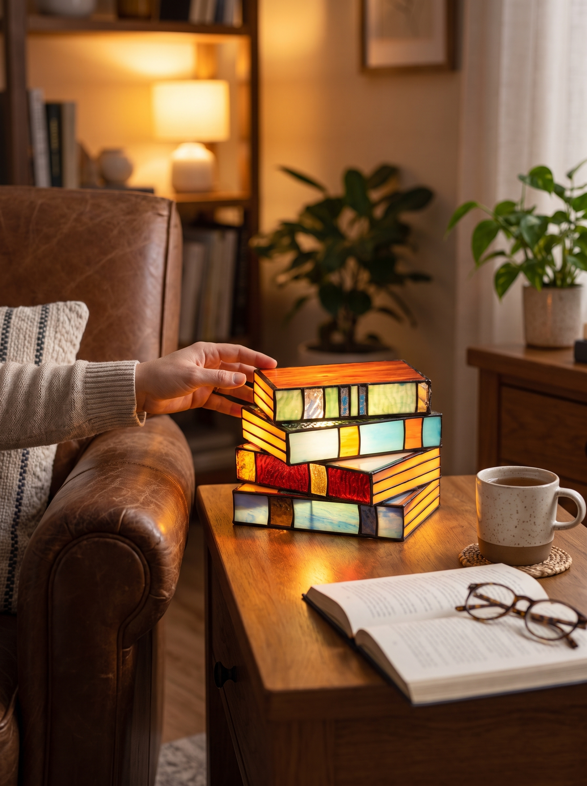 GlassNovel Stained Glass Book Lamp glowing with warm colour in a cosy room