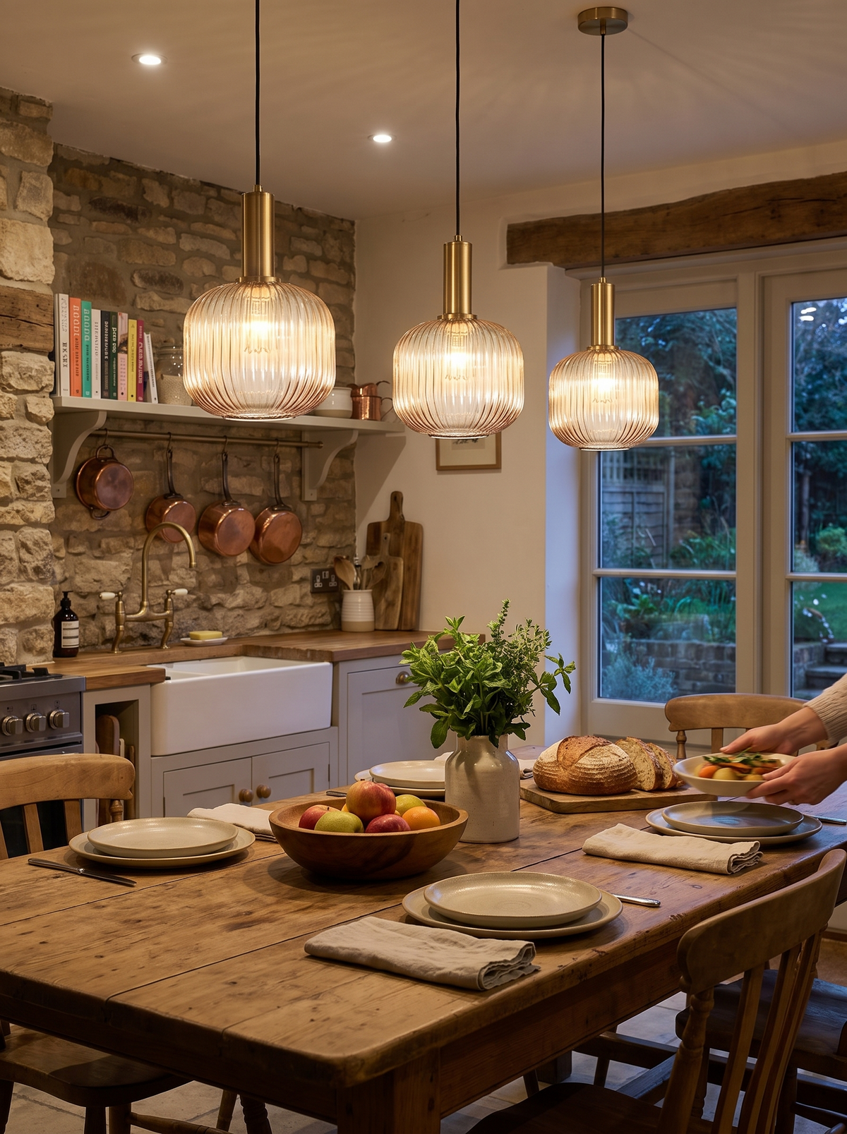 Ribbed Glass Brass Pendant Light lifestyle view 3