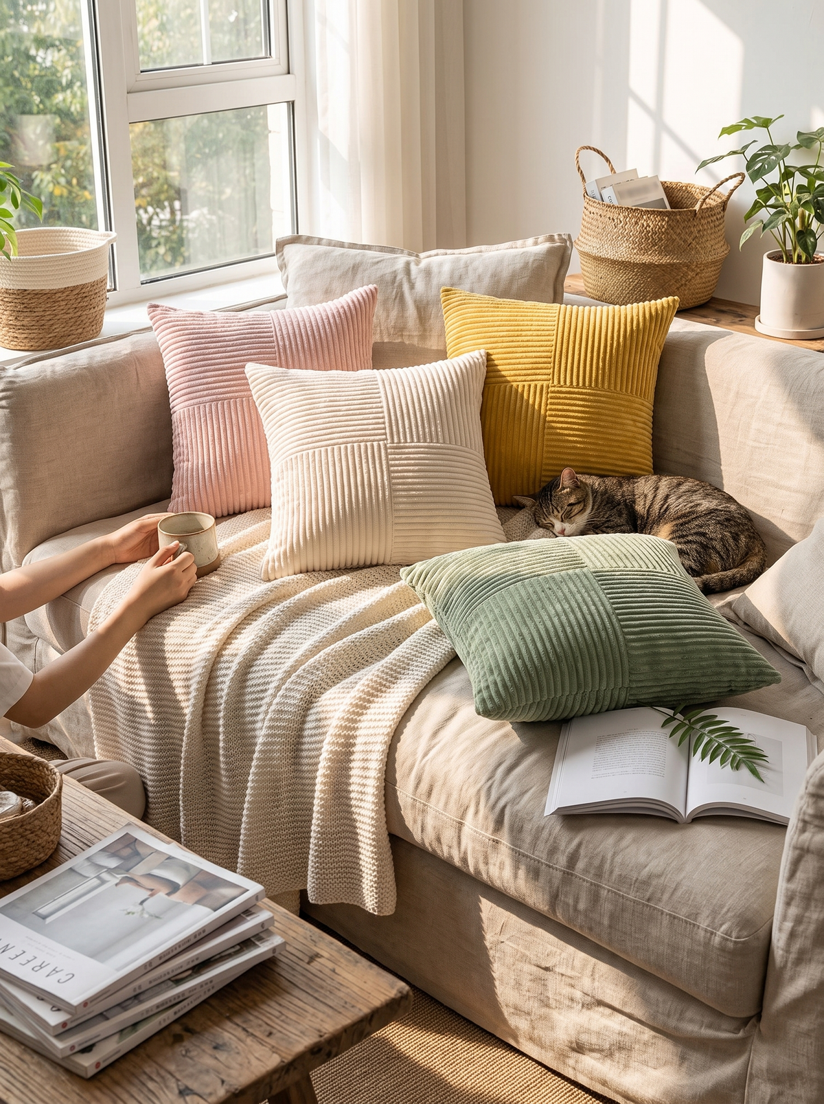 Striped Corduroy Cushion Cover in a lifestyle setting