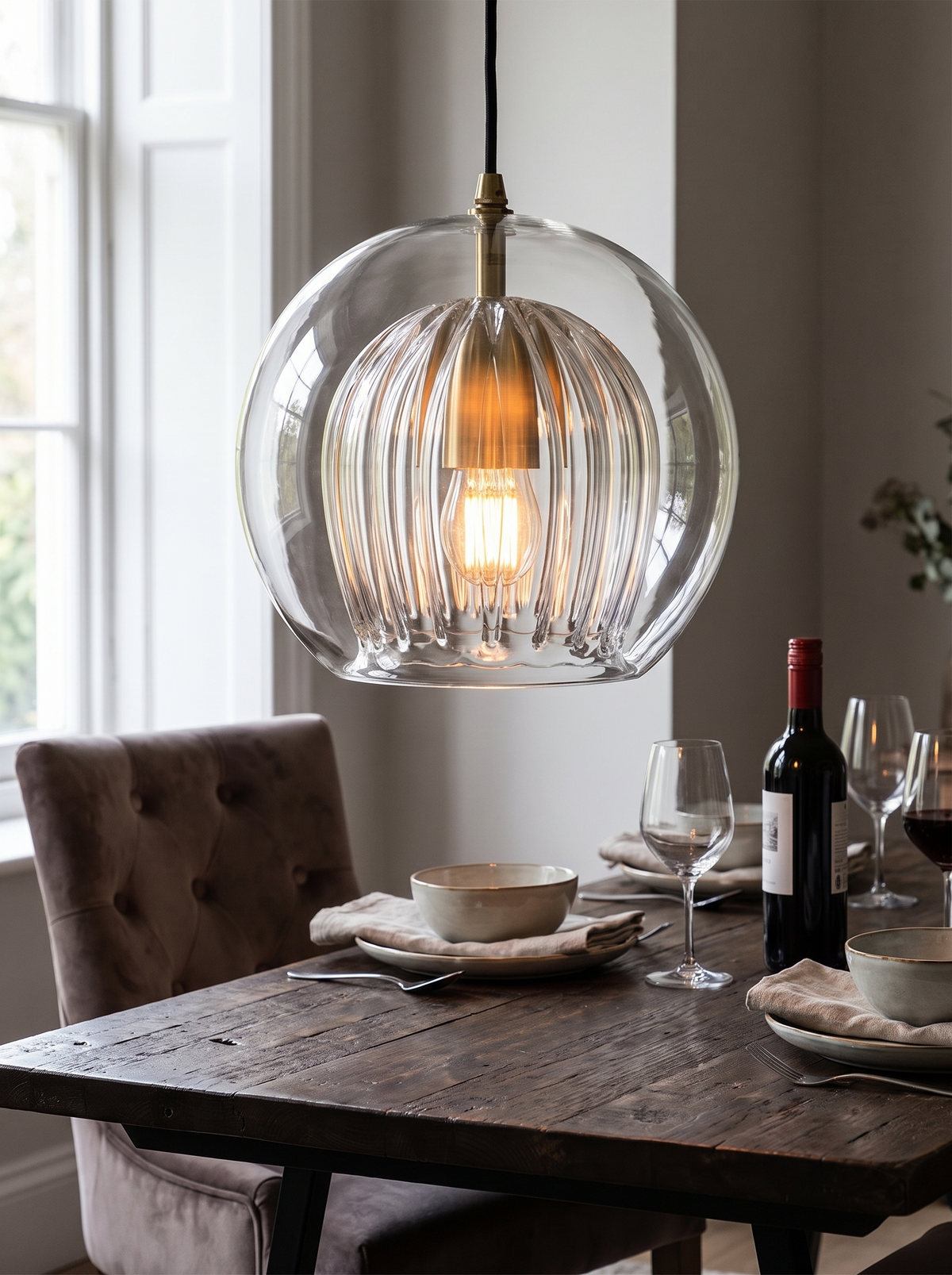 LuxeSphere Ribbed Glass Pendant Light in a lifestyle setting