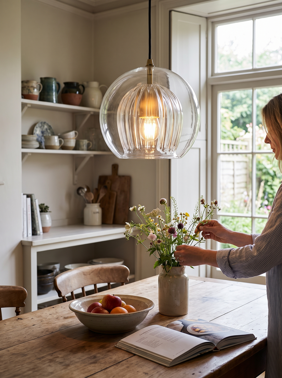 LuxeSphere Ribbed Glass Pendant Light in a lifestyle setting