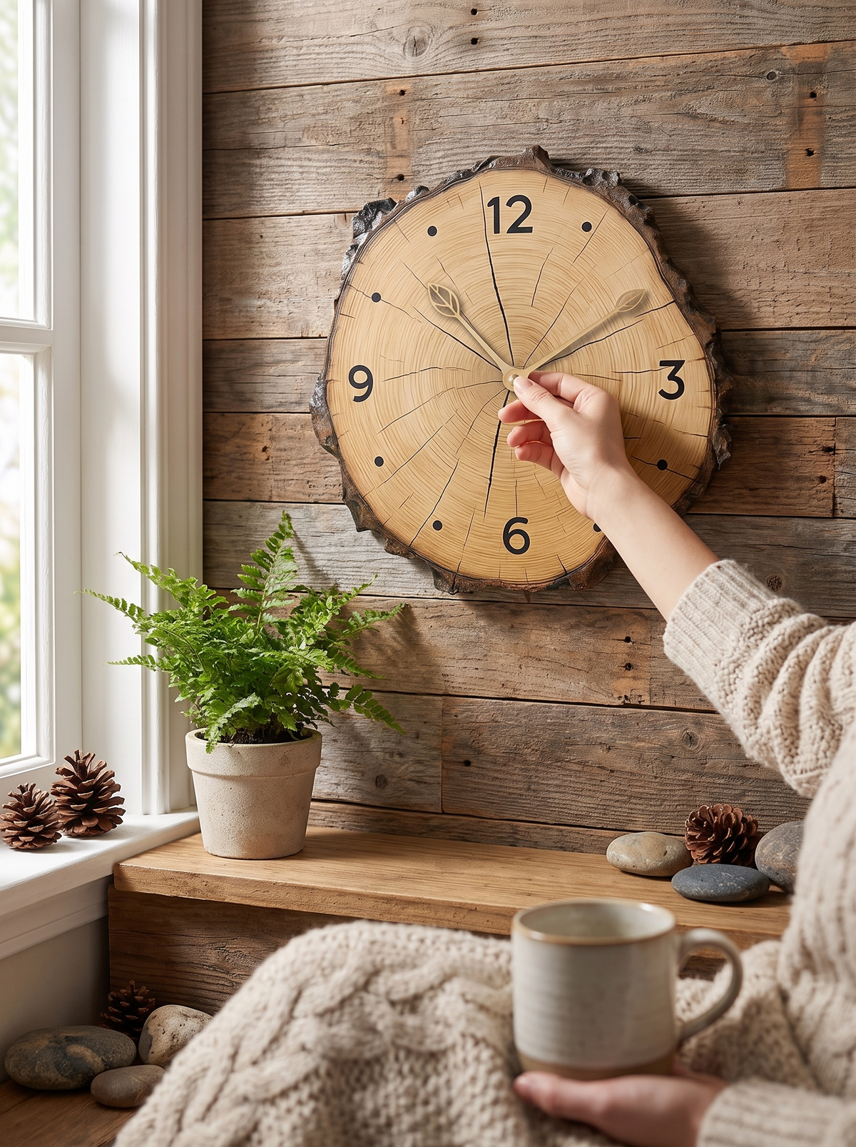 Rustic Wood Slice Wall Clock in a lifestyle setting