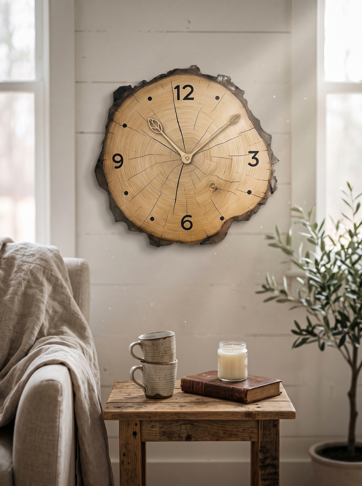 Rustic Wood Slice Wall Clock in a lifestyle setting
