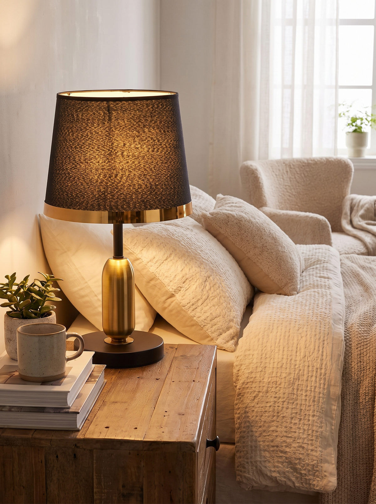 Black and Gold Fabric Shade Table Lamp in a lifestyle setting