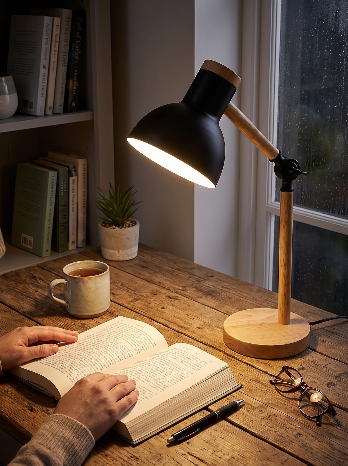 Nordic Wood Arm LED Desk Lamp in a lifestyle setting