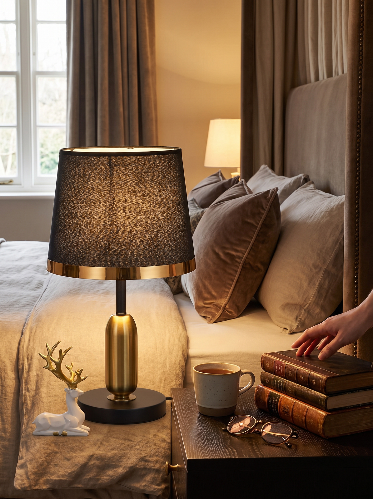 Black and Gold Fabric Shade Table Lamp in a lifestyle setting