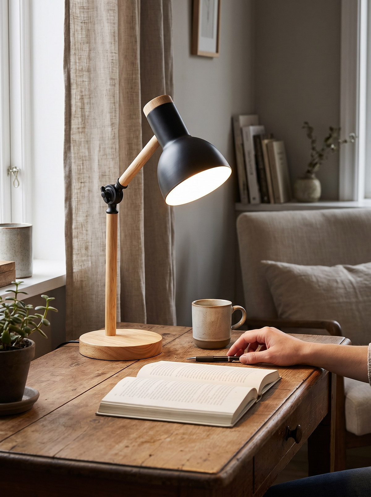 Nordic Wood Arm LED Desk Lamp in a lifestyle setting