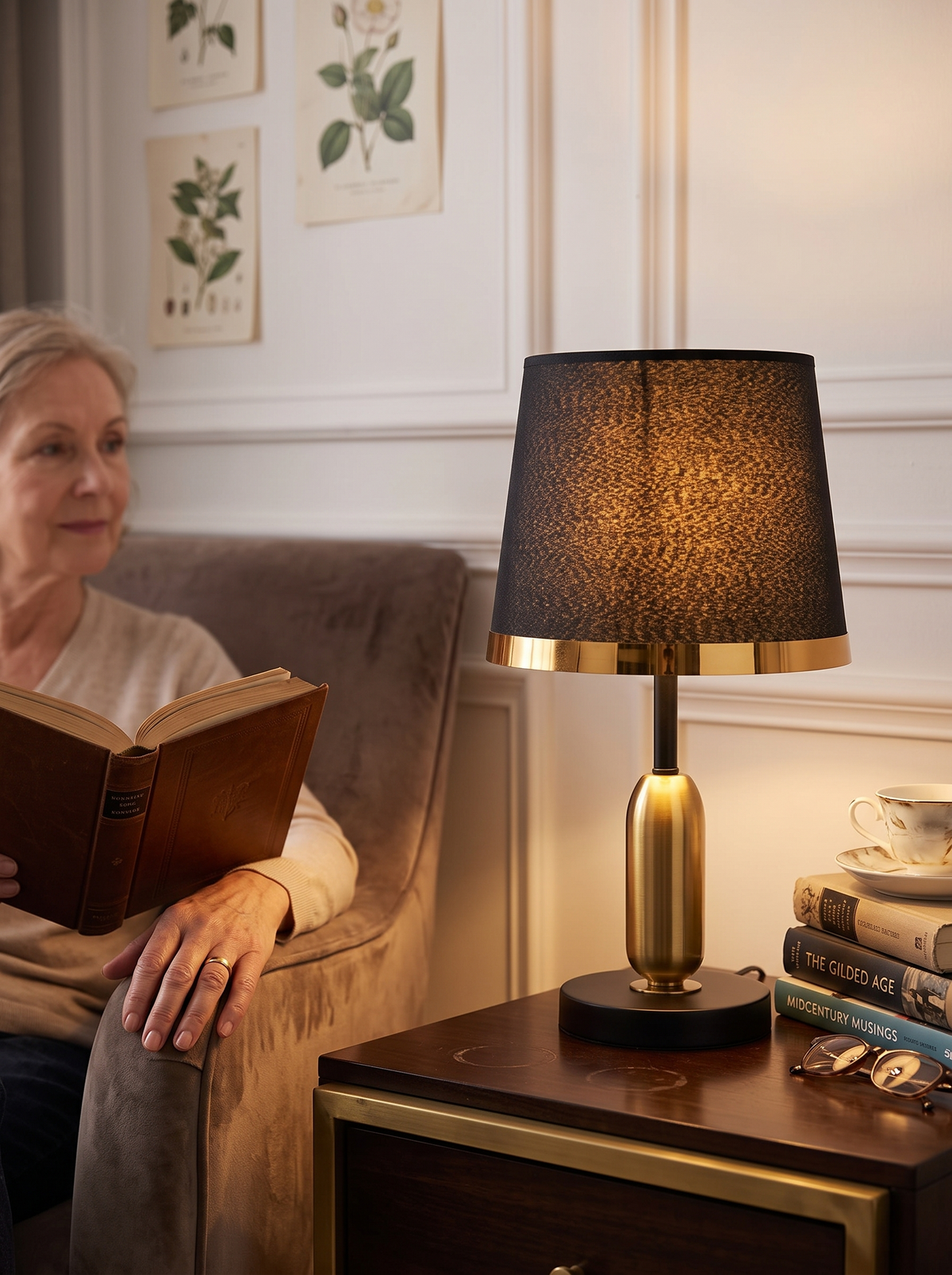 Black and Gold Fabric Shade Table Lamp in a lifestyle setting