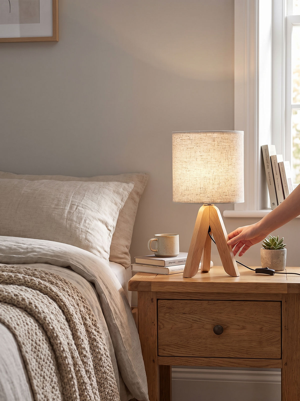 Nordic Wooden Tripod Table Lamp in a lifestyle setting