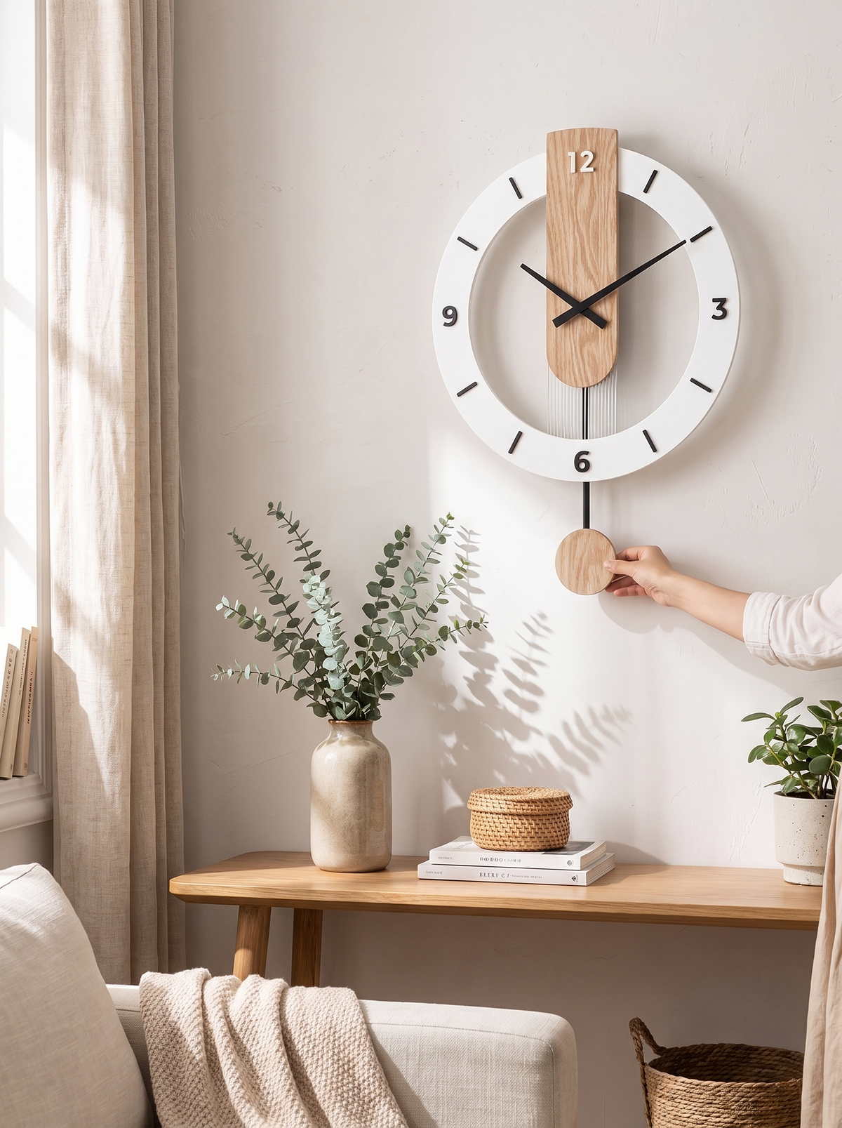Minimalist Pendulum Wall Clock in a lifestyle setting