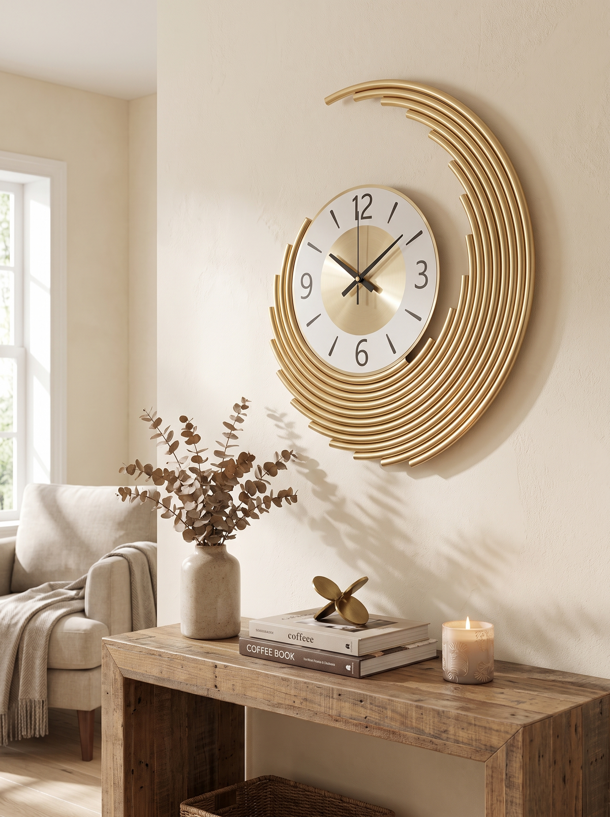 3D Layered Crescent Metal Wall Clock in a lifestyle setting