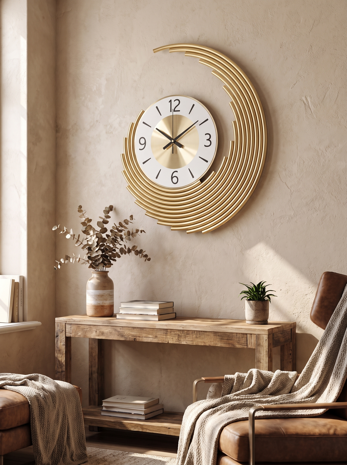 3D Layered Crescent Metal Wall Clock in a lifestyle setting