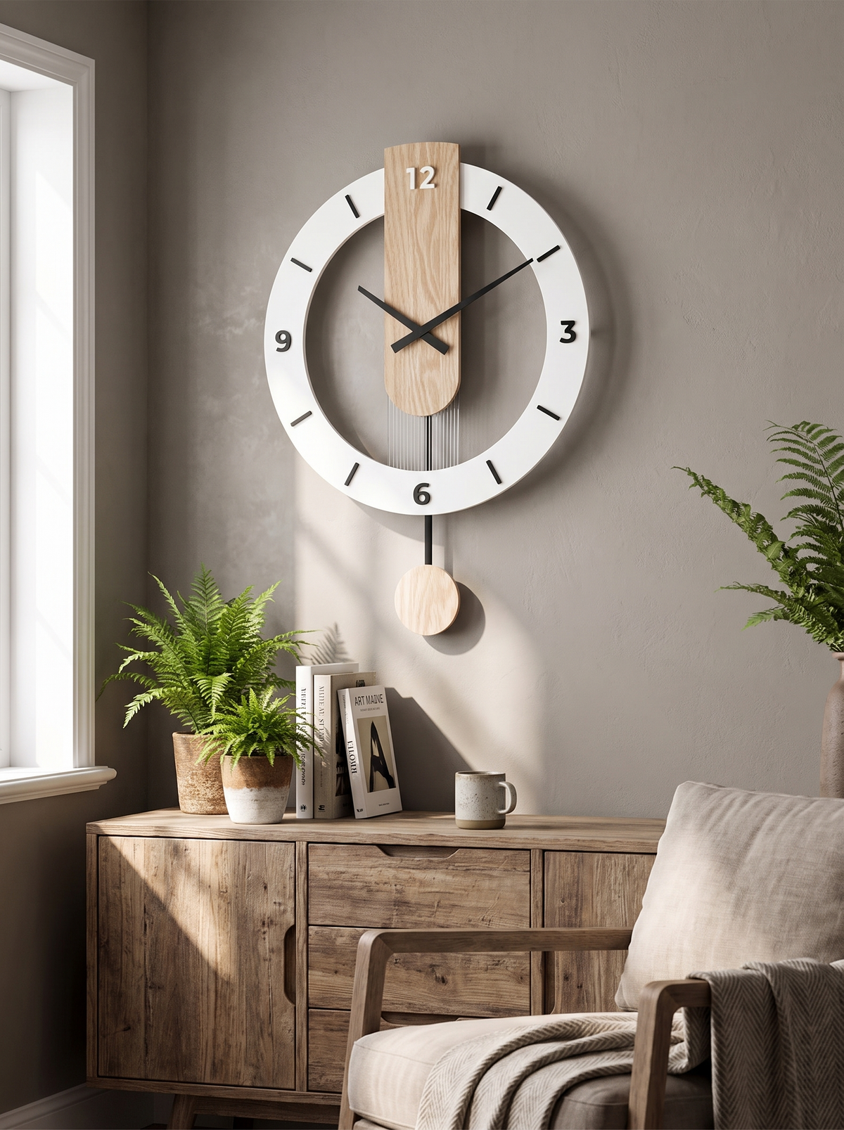 Minimalist Pendulum Wall Clock in a lifestyle setting