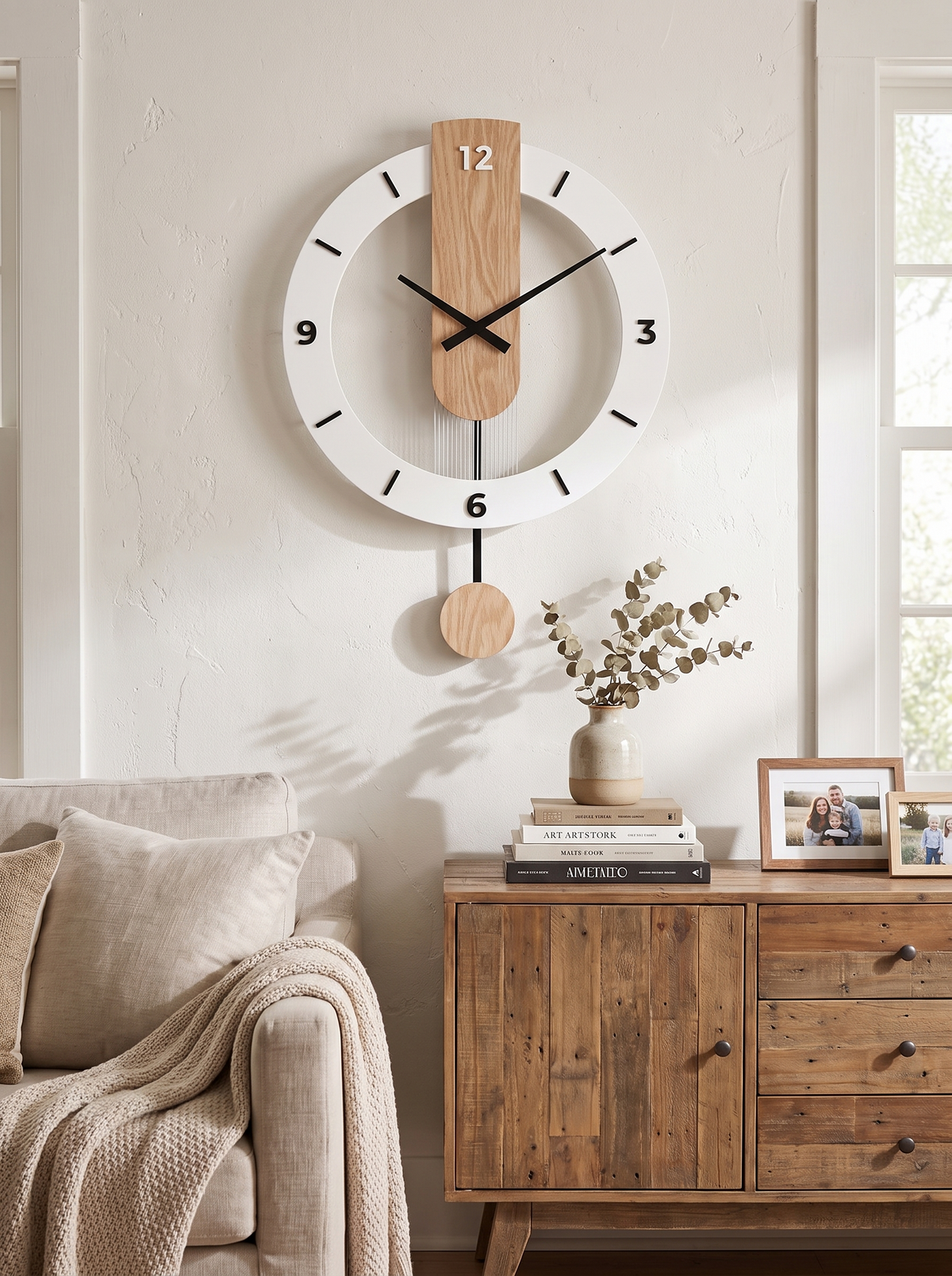 Minimalist Pendulum Wall Clock in a lifestyle setting
