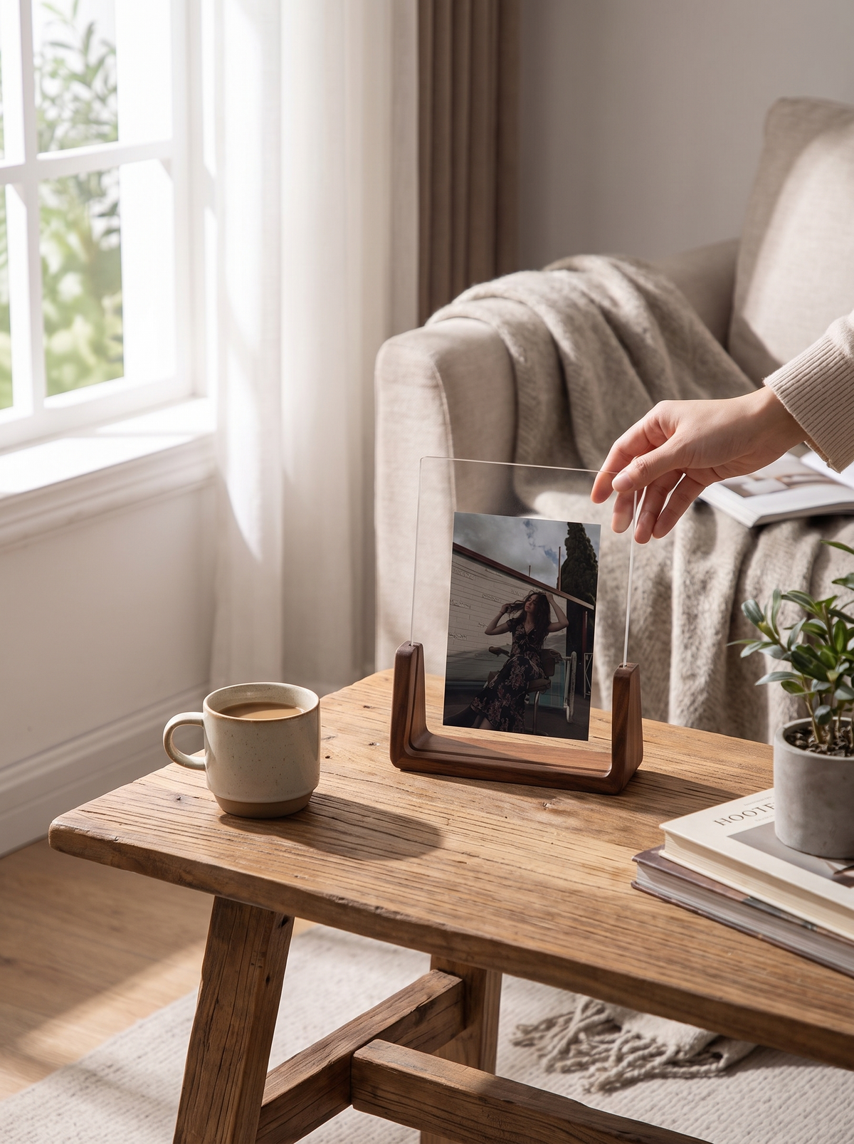 U Shaped Acrylic and Wood Photo Frame in a lifestyle setting
