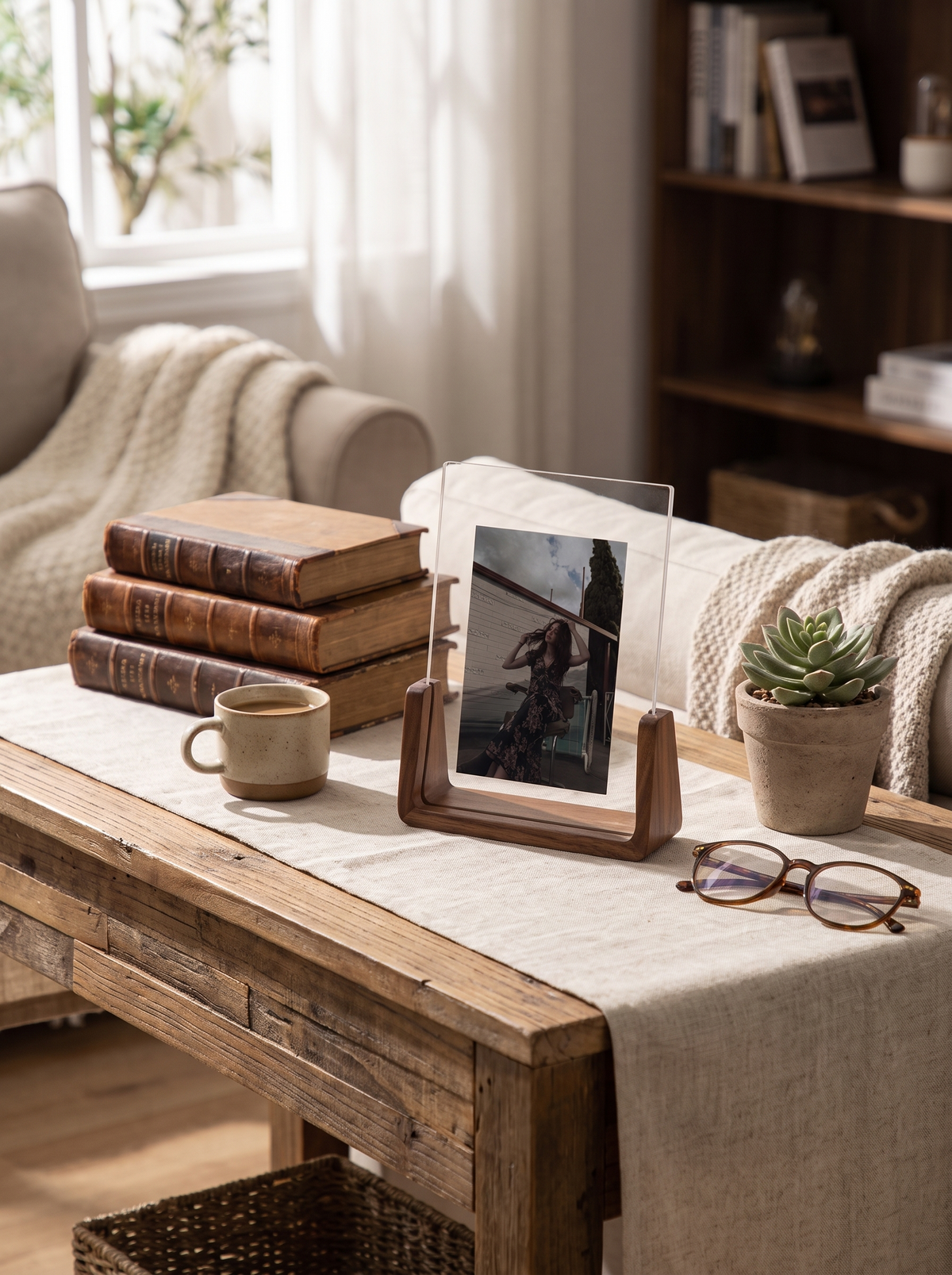 U Shaped Acrylic and Wood Photo Frame in a lifestyle setting