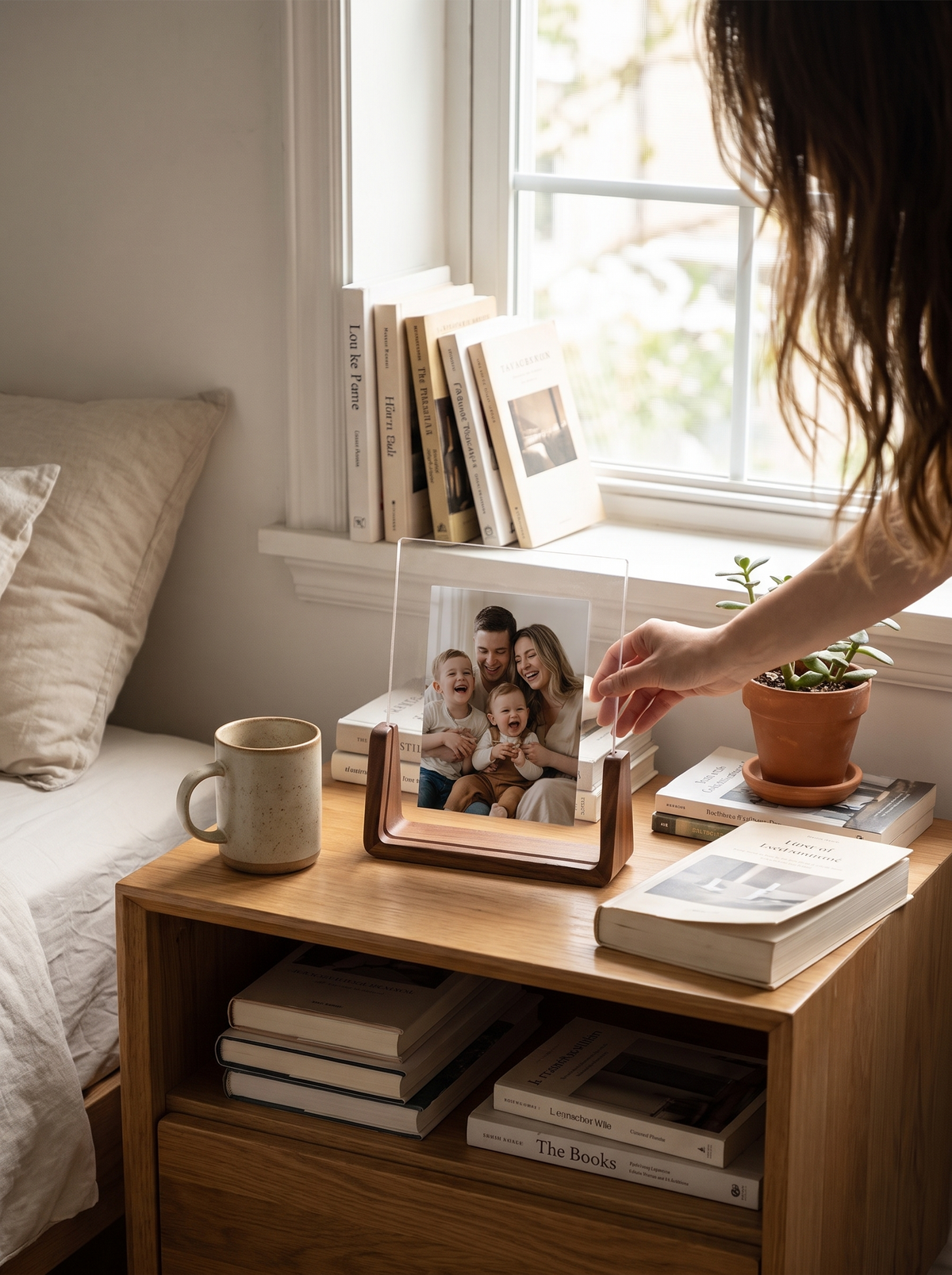 U Shaped Acrylic and Wood Photo Frame in a lifestyle setting