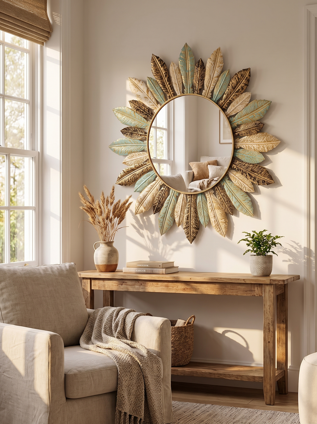 Bohemian Sunburst Metal Wall Mirror in a lifestyle setting