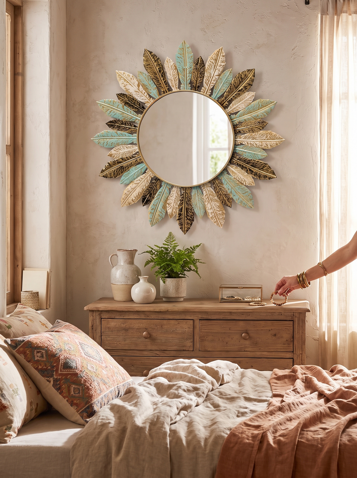 Bohemian Sunburst Metal Wall Mirror in a lifestyle setting