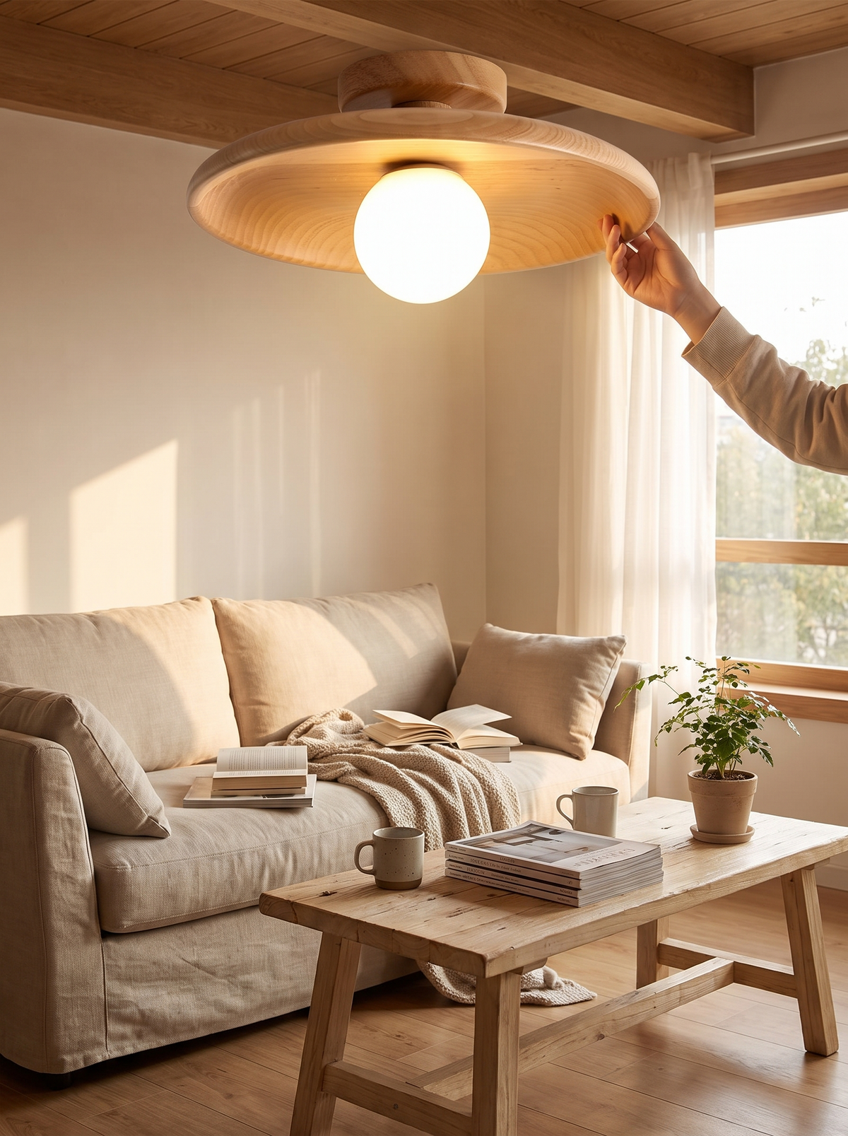 Modern Wooden Ceiling Light in a lifestyle setting
