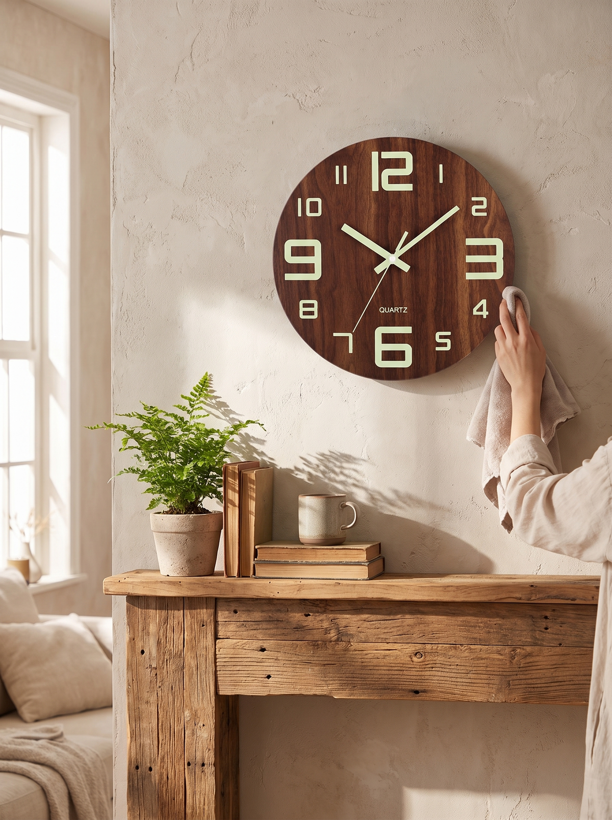 Walnut Luminous Wall Clock in a lifestyle setting