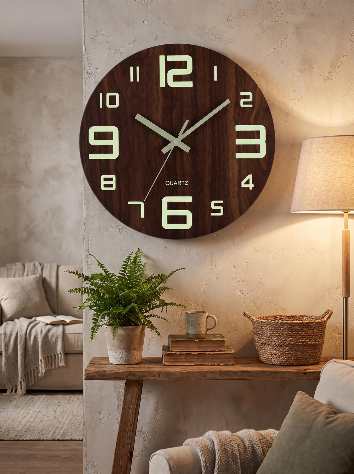 Walnut Luminous Wall Clock in a lifestyle setting
