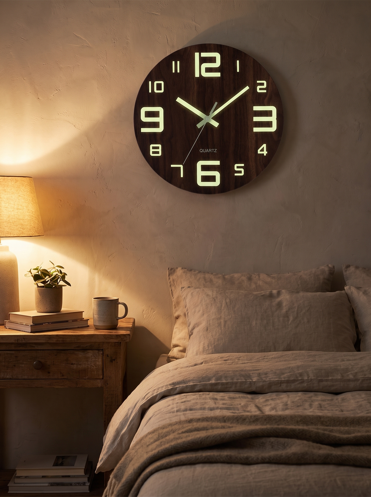 Walnut Luminous Wall Clock in a lifestyle setting