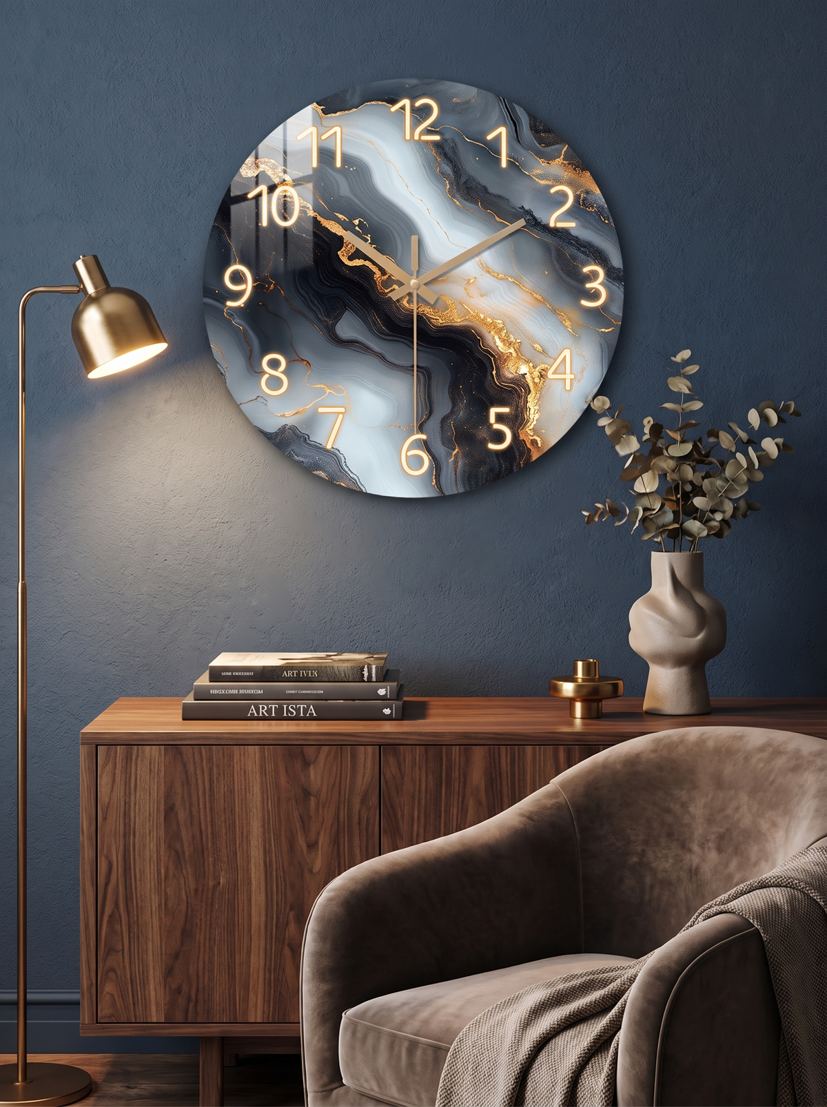 Blue & Gold Marble Wall Clock in a lifestyle setting