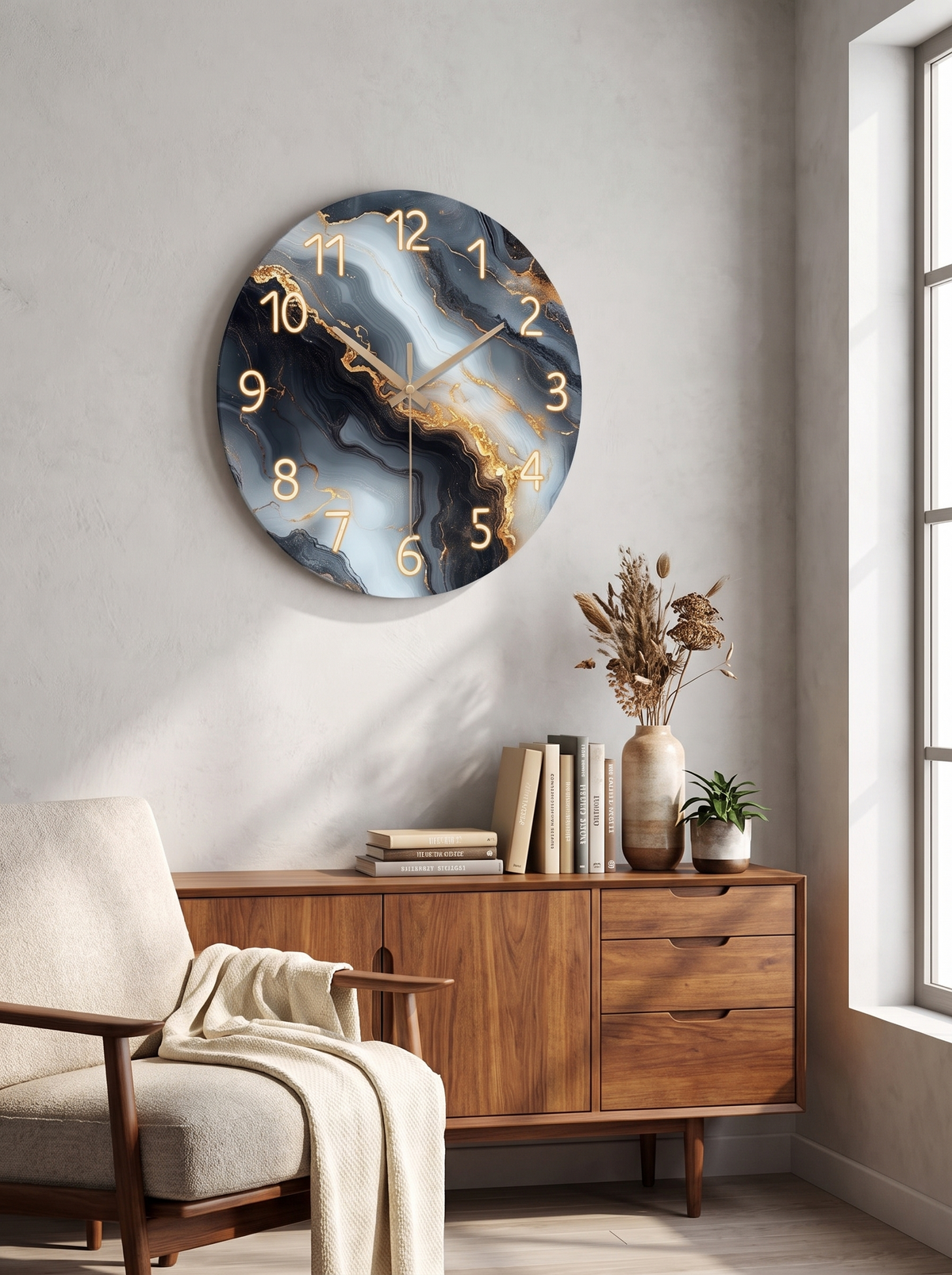 Blue & Gold Marble Wall Clock in a lifestyle setting