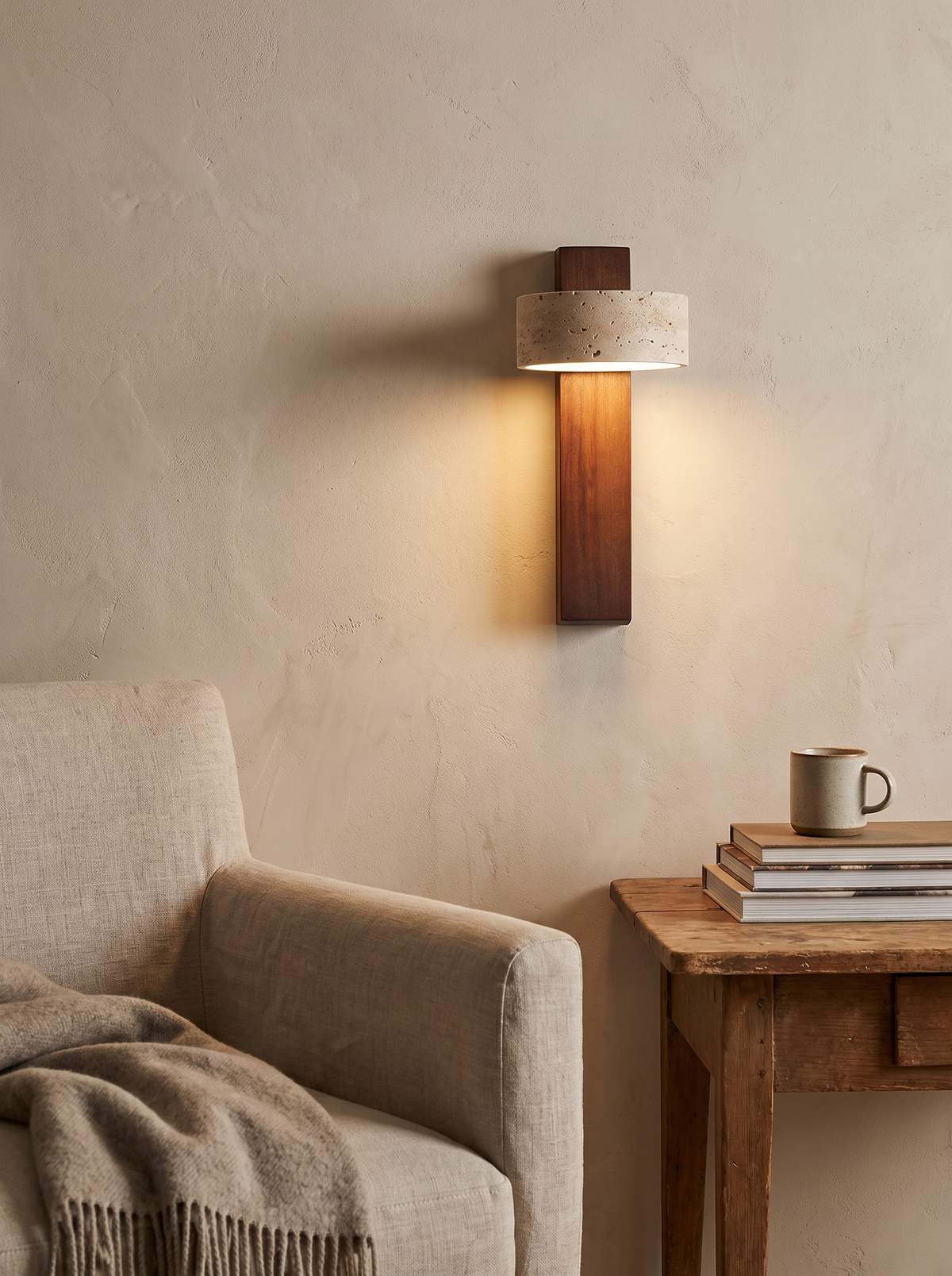 Travertine and Walnut Downlight Wall Sconce washing a wall with soft light
