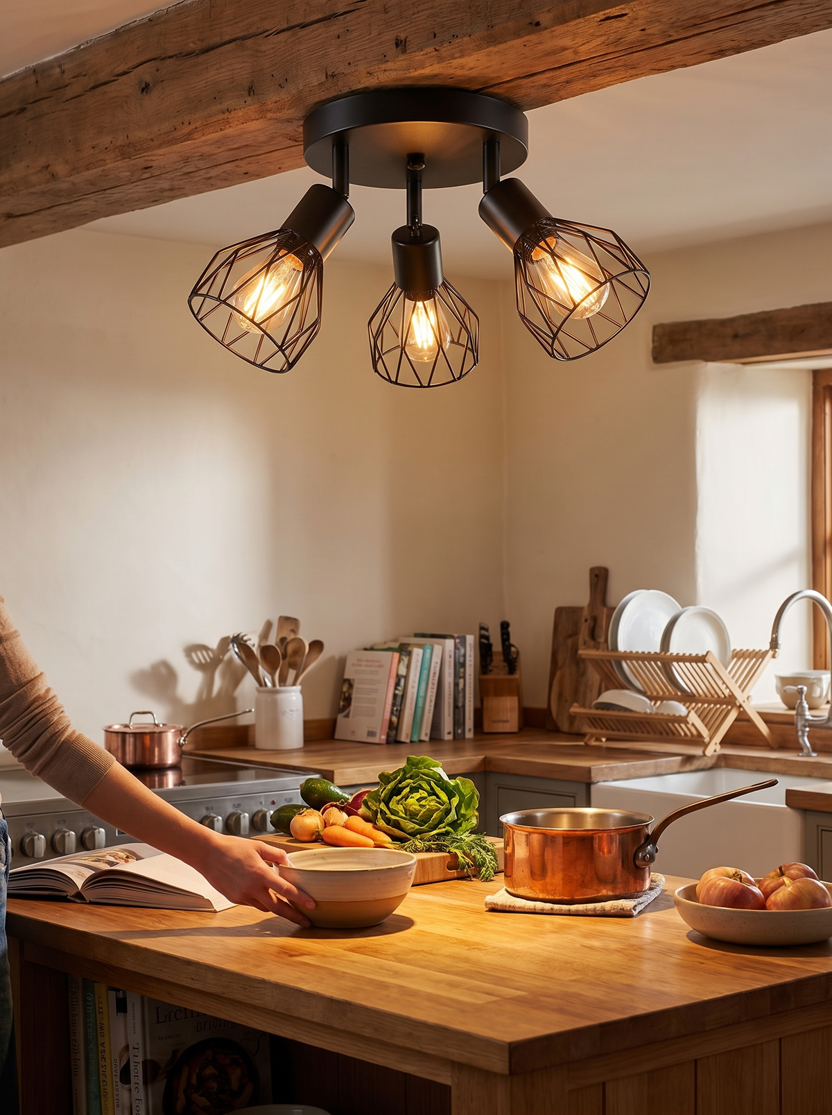 Industrial Adjustable Black Spotlight Ceiling Light aimed over a counter