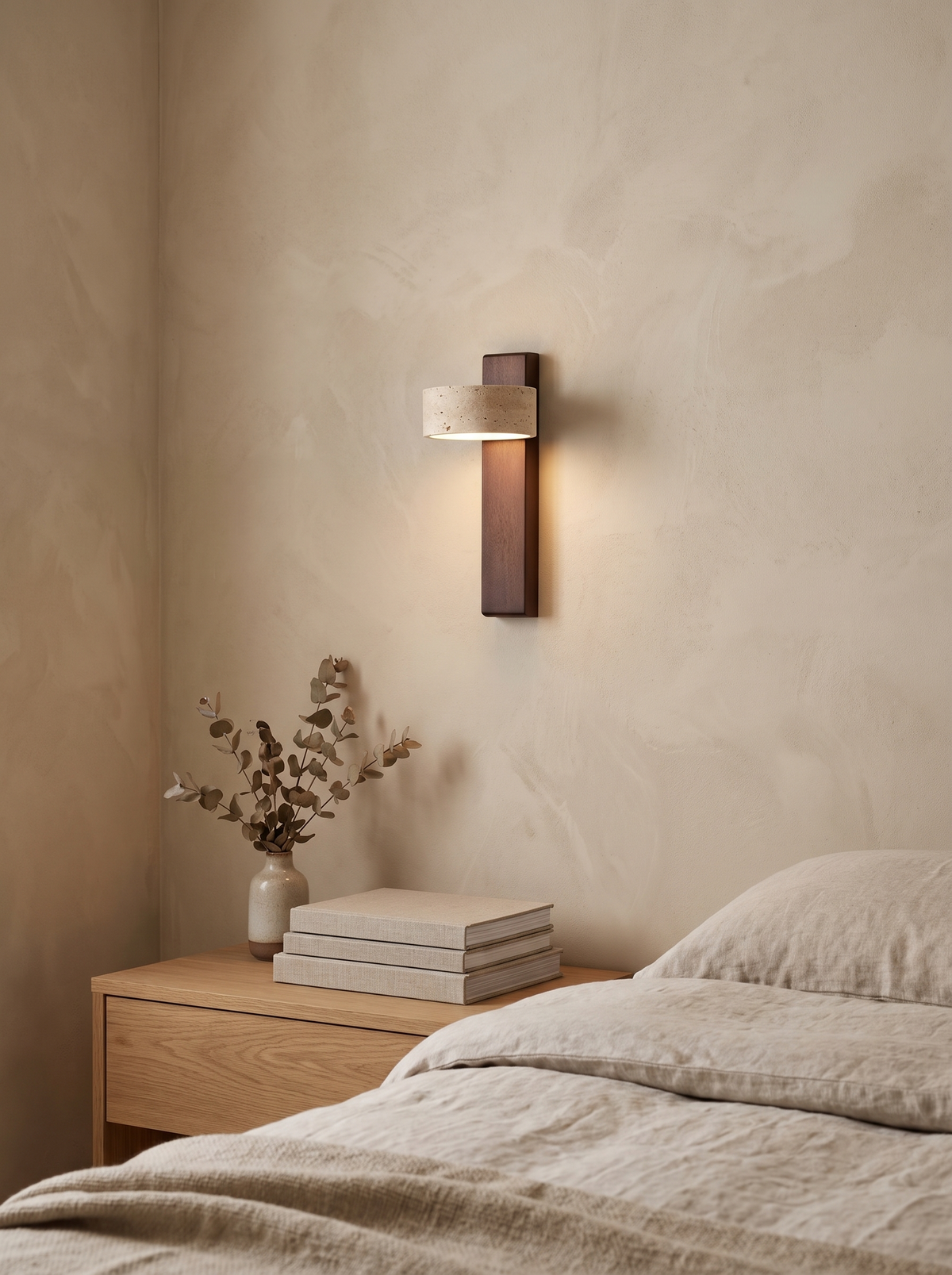 Travertine and Walnut Downlight Wall Sconce as a minimalist room detail