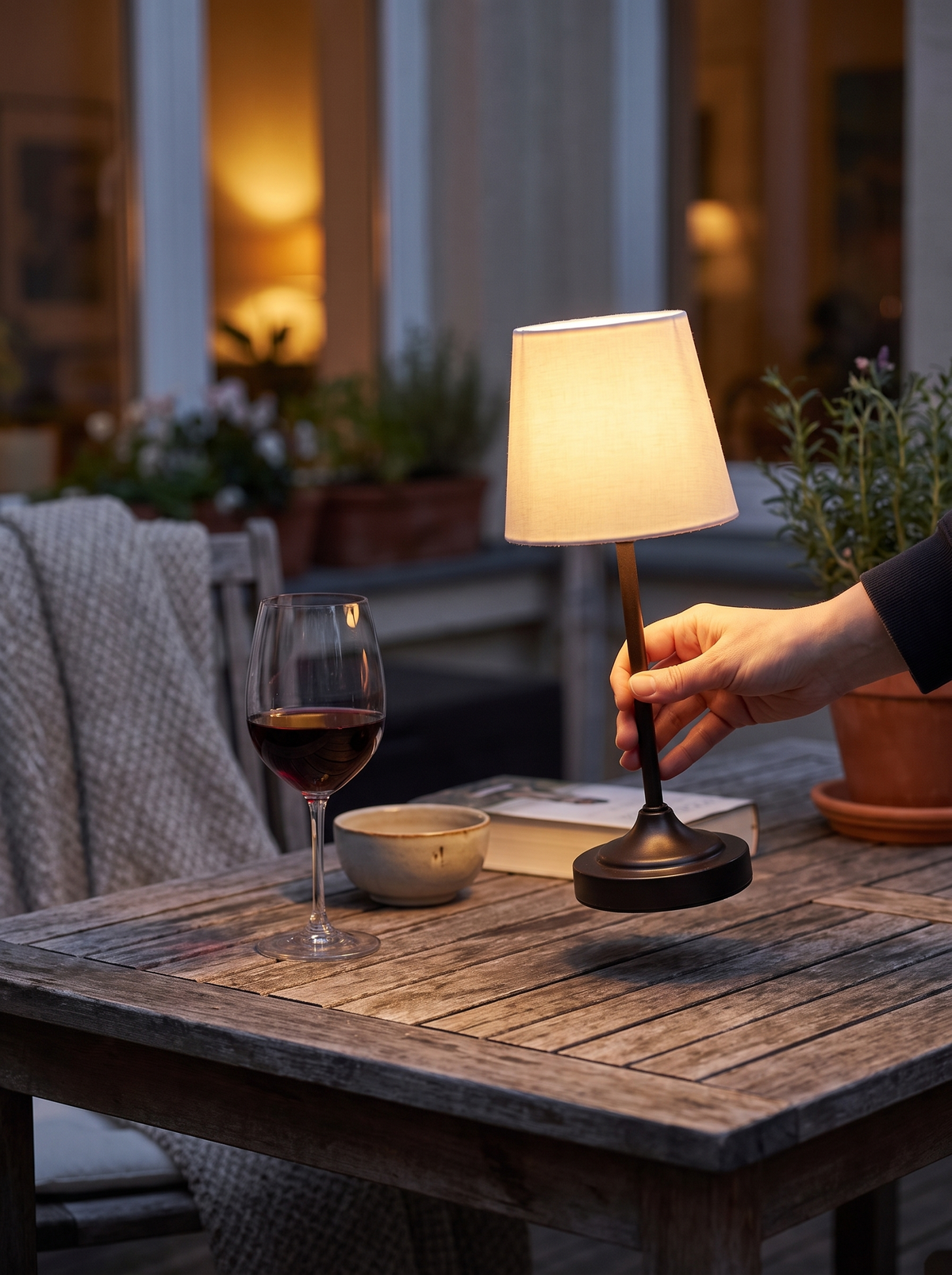 Brushed Gold Fabric Shade Cordless Table Lamp moved to a new spot