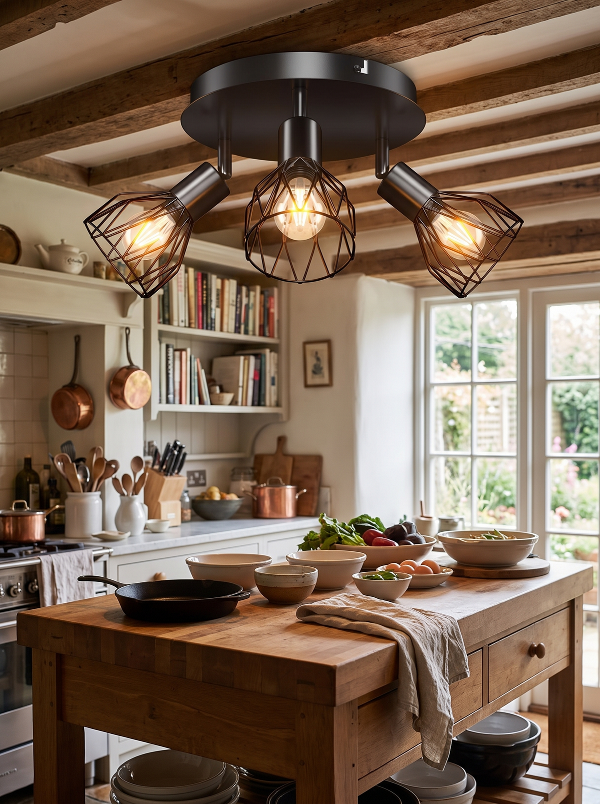 Industrial Adjustable Black Spotlight Ceiling Light in a loft kitchen