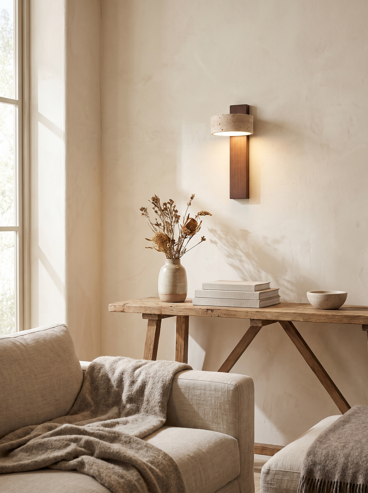 Travertine and Walnut Downlight Wall Sconce in a calm interior