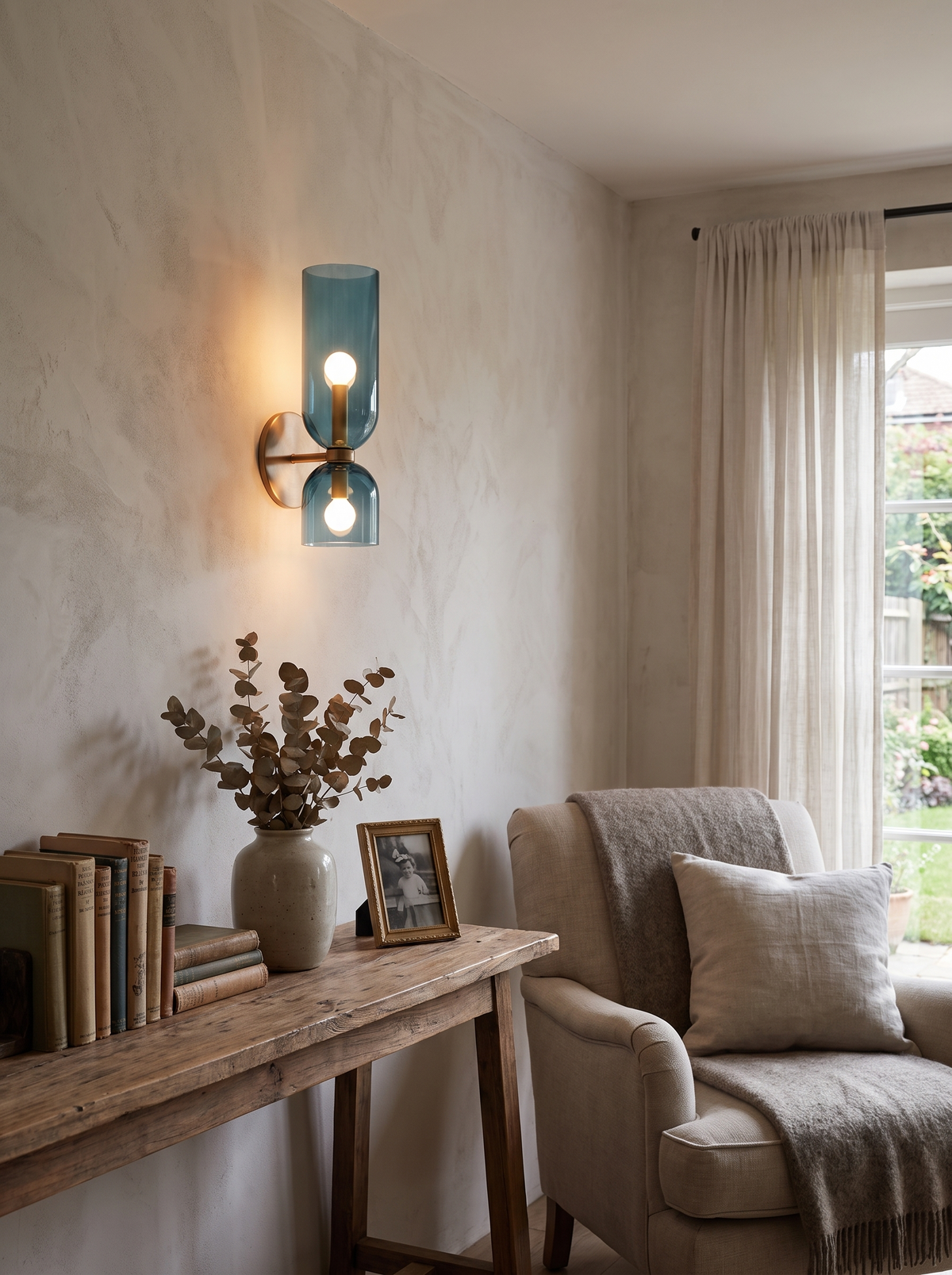 Smoked Glass Tube Wall Lamp glowing on a wall