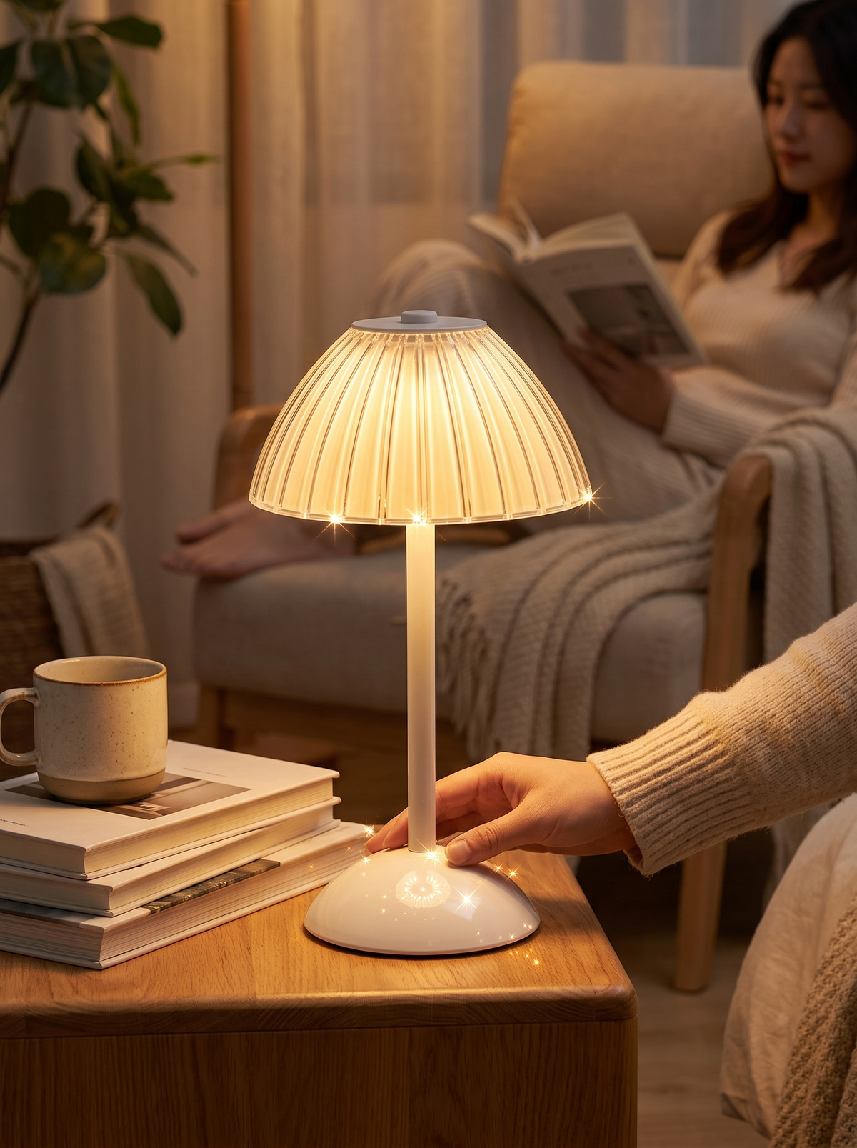 Golden Touch Ribbed Acrylic Rechargeable Lamp glowing in a room