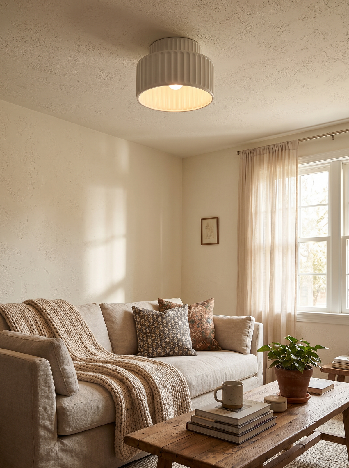 Nordic Ripple Resin Ceiling Light giving warm even light