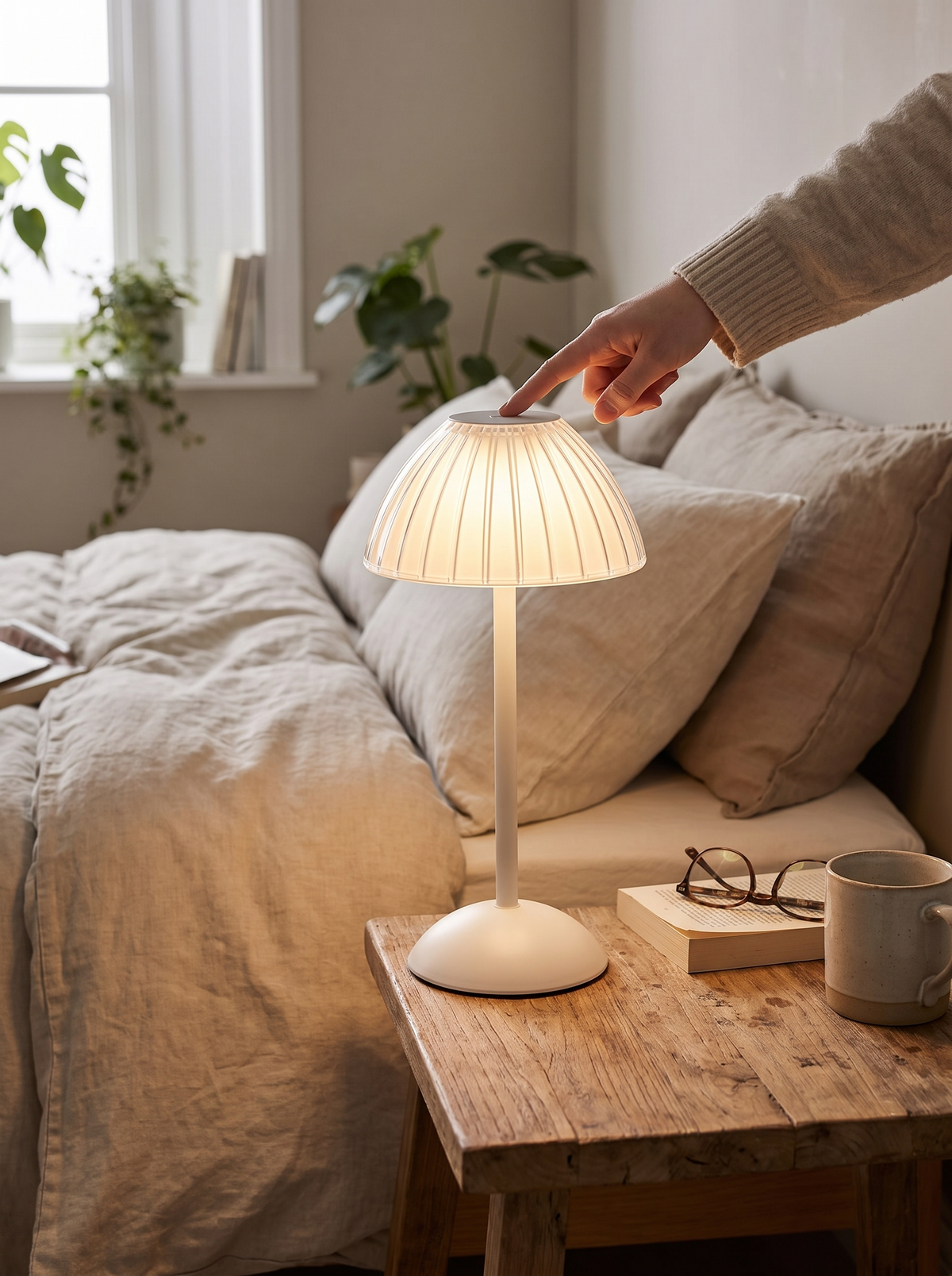 Golden Touch Ribbed Acrylic Rechargeable Lamp on a bedside table
