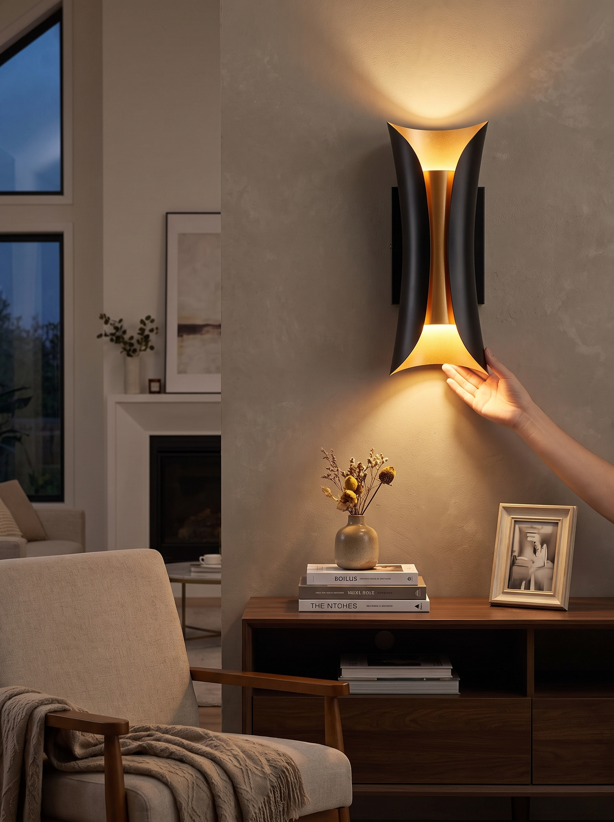Modern Curl Black Metal Wall Sconce lifestyle view one