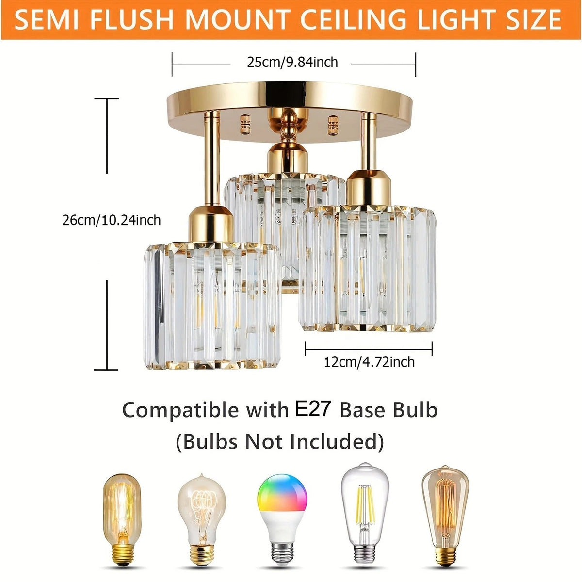 3-Light Crystal Semi Flush Ceiling Light