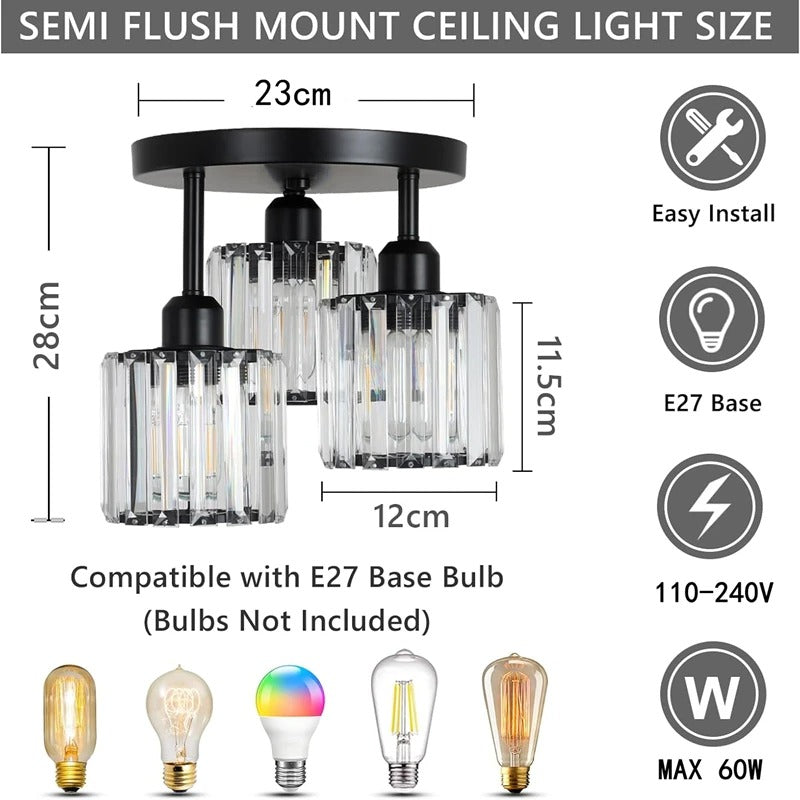 3-Light Crystal Semi Flush Ceiling Light