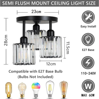3-Light Crystal Semi Flush Ceiling Light